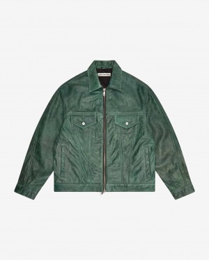 Men's Cole Buxton Cb Cracked Leather Trucker Outerwear Green | 61243FUSL