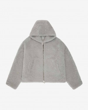 Men's Cole Buxton Cb Hooded Shearling Jackets Grey | 38627JZQS