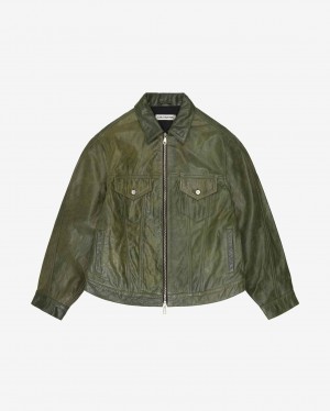 Men's Cole Buxton Cb Leather Trucker Outerwear Green | 72510BIFE