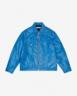 Men's Cole Buxton Cb Leather Trucker Outerwear Blue | 80925YDAS