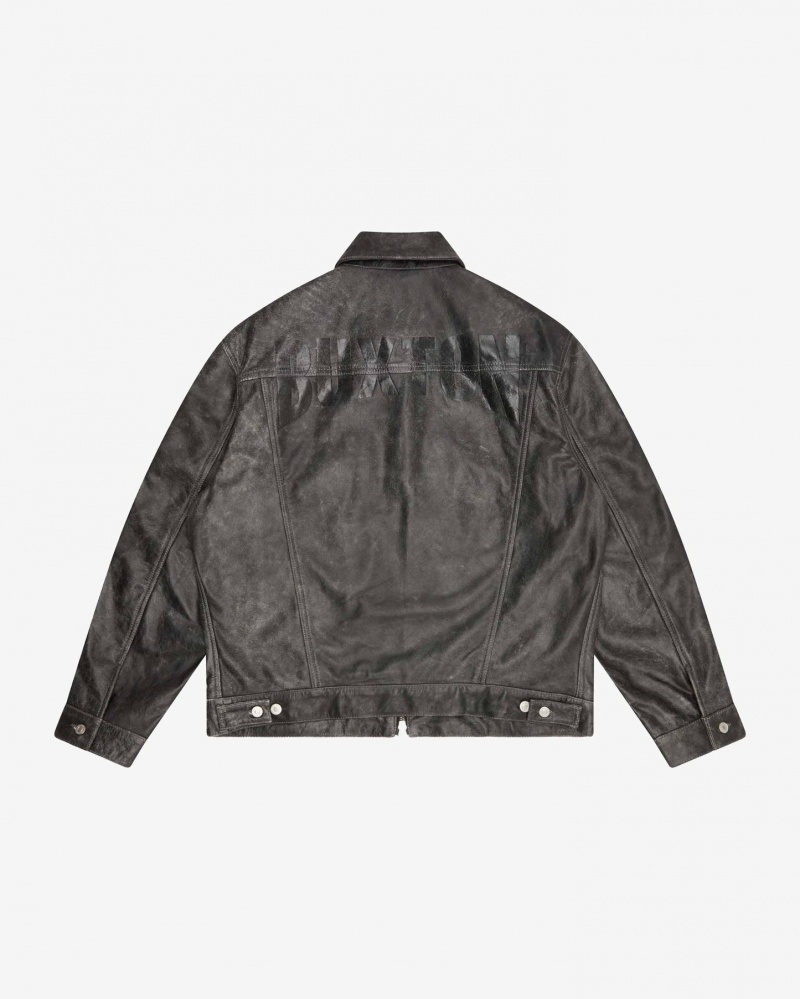 Men's Cole Buxton Cb Cracked Leather Trucker Outerwear Black | 96085QWVC