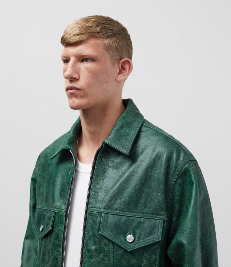 Men's Cole Buxton Cb Cracked Leather Trucker Outerwear Green | 61243FUSL