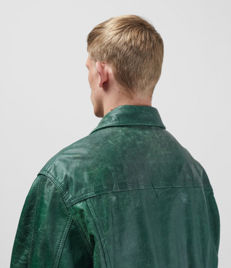 Men's Cole Buxton Cb Cracked Leather Trucker Outerwear Green | 61243FUSL