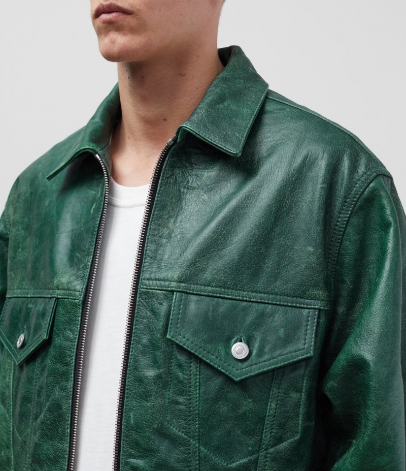 Men's Cole Buxton Cb Cracked Leather Trucker Outerwear Green | 61243FUSL