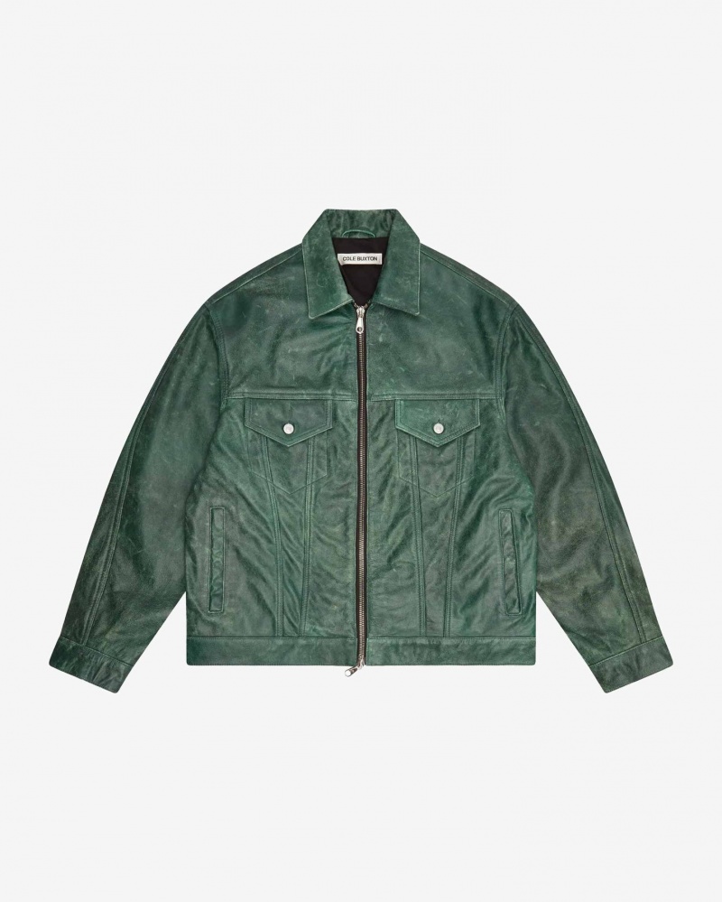 Men\'s Cole Buxton Cb Cracked Leather Trucker Outerwear Green | 61243FUSL