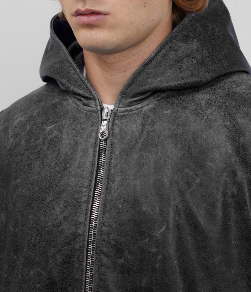 Men's Cole Buxton Cb Hooded Leather Jackets Black | 38795NACD