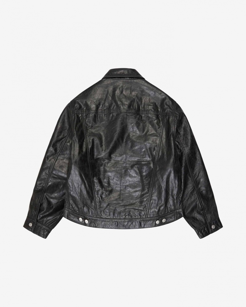 Men's Cole Buxton Cb Leather Trucker Outerwear Black | 61028WGZE