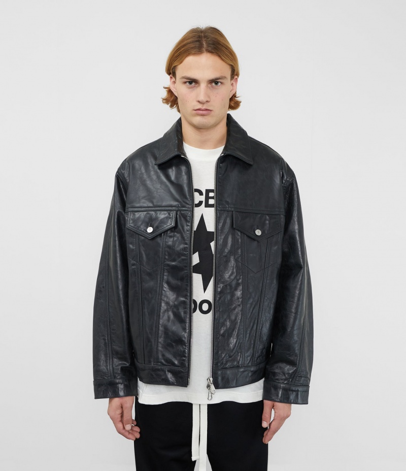 Men's Cole Buxton Cb Leather Trucker Outerwear Black | 61028WGZE