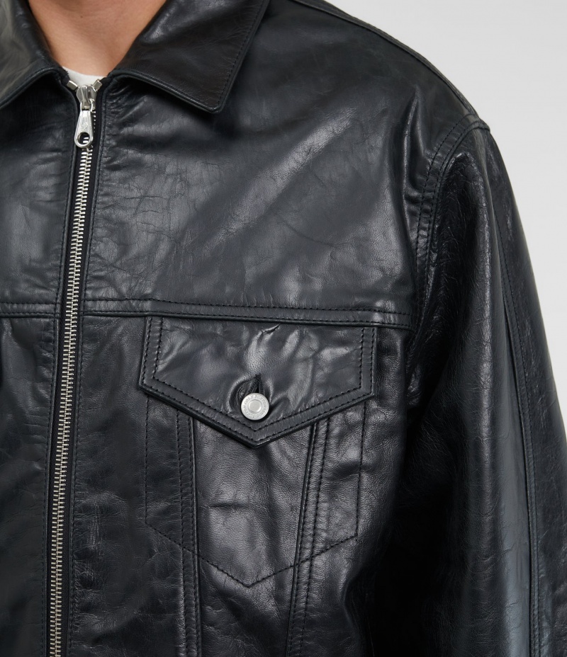 Men's Cole Buxton Cb Leather Trucker Outerwear Black | 61028WGZE