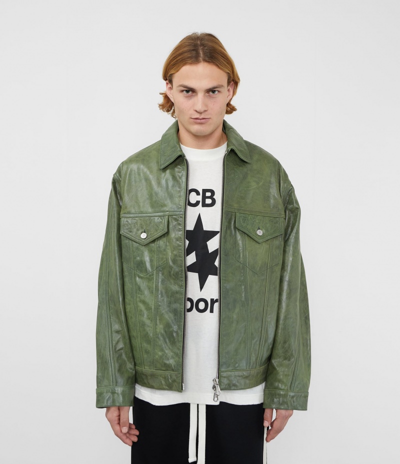 Men's Cole Buxton Cb Leather Trucker Outerwear Green | 72510BIFE