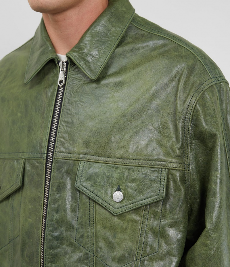 Men's Cole Buxton Cb Leather Trucker Outerwear Green | 72510BIFE