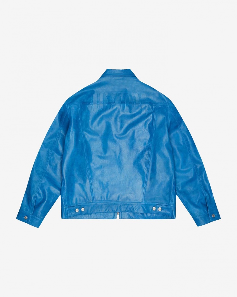 Men's Cole Buxton Cb Leather Trucker Outerwear Blue | 80925YDAS