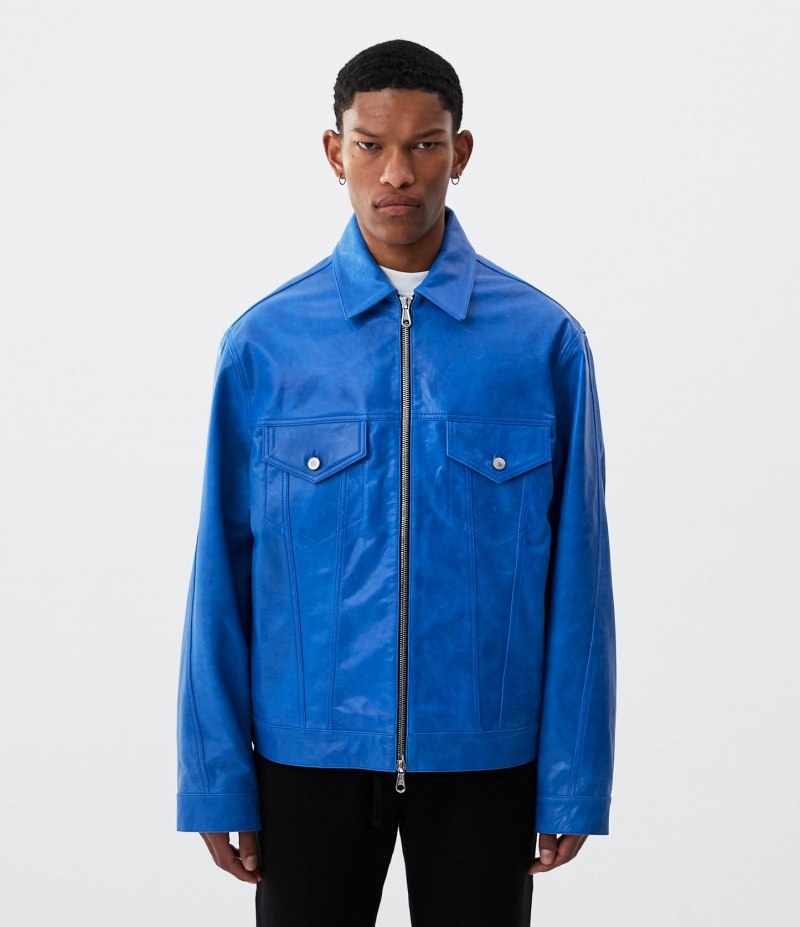 Men's Cole Buxton Cb Leather Trucker Outerwear Blue | 80925YDAS