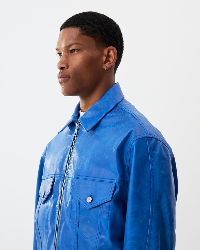 Men's Cole Buxton Cb Leather Trucker Outerwear Blue | 80925YDAS