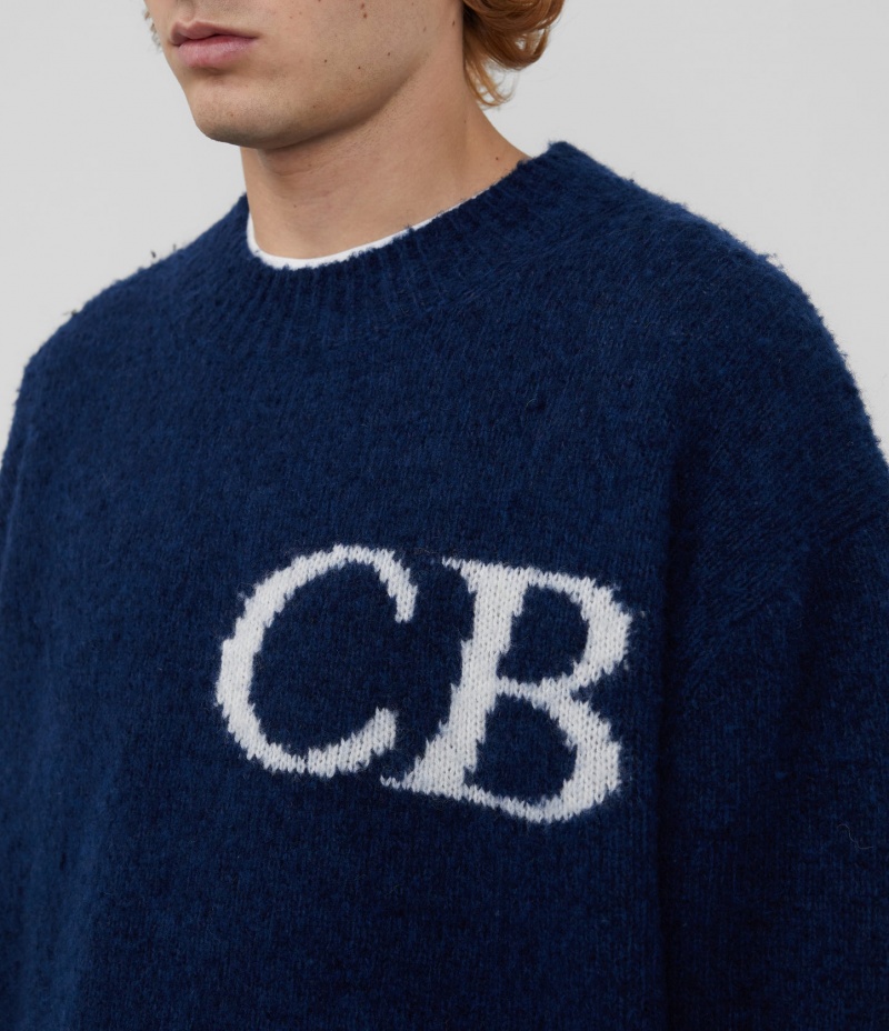 Men's Cole Buxton Cb Logo Knit Sweater Navy | 90853ILOG