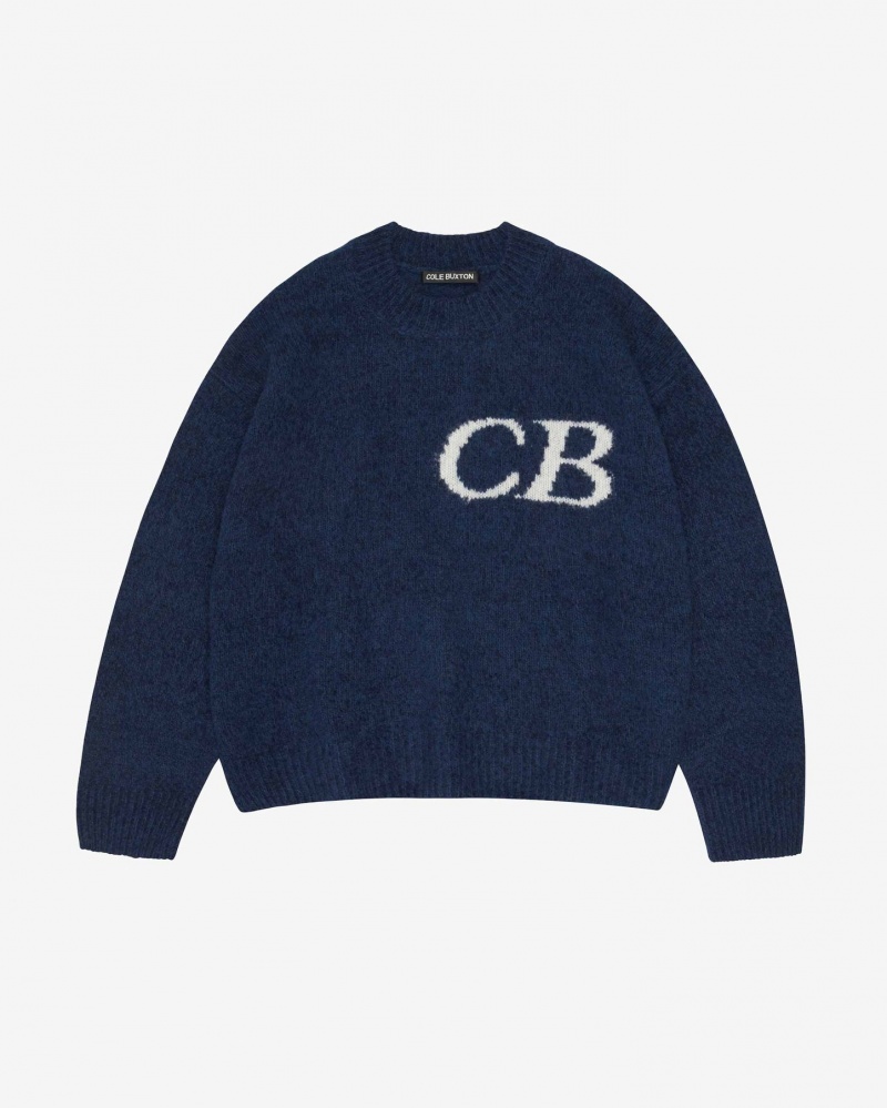 Men\'s Cole Buxton Cb Logo Knit Sweater Navy | 90853ILOG