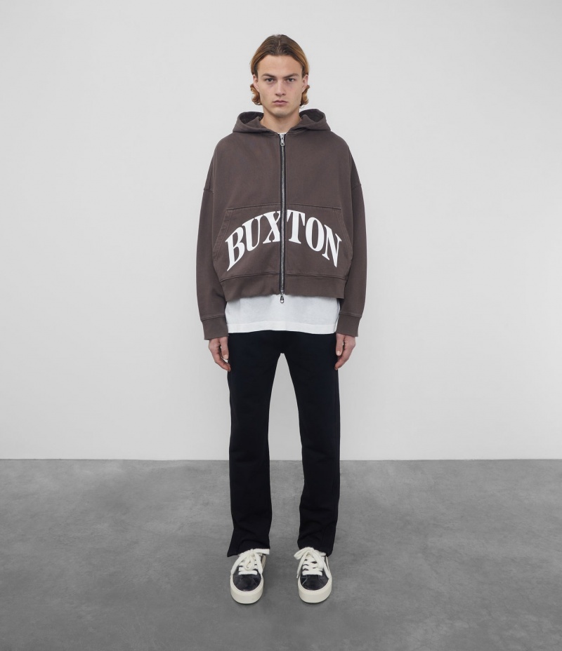 Men's Cole Buxton Heavyweight Cropped Logo Zip Hoodie Brown | 62843IAKF