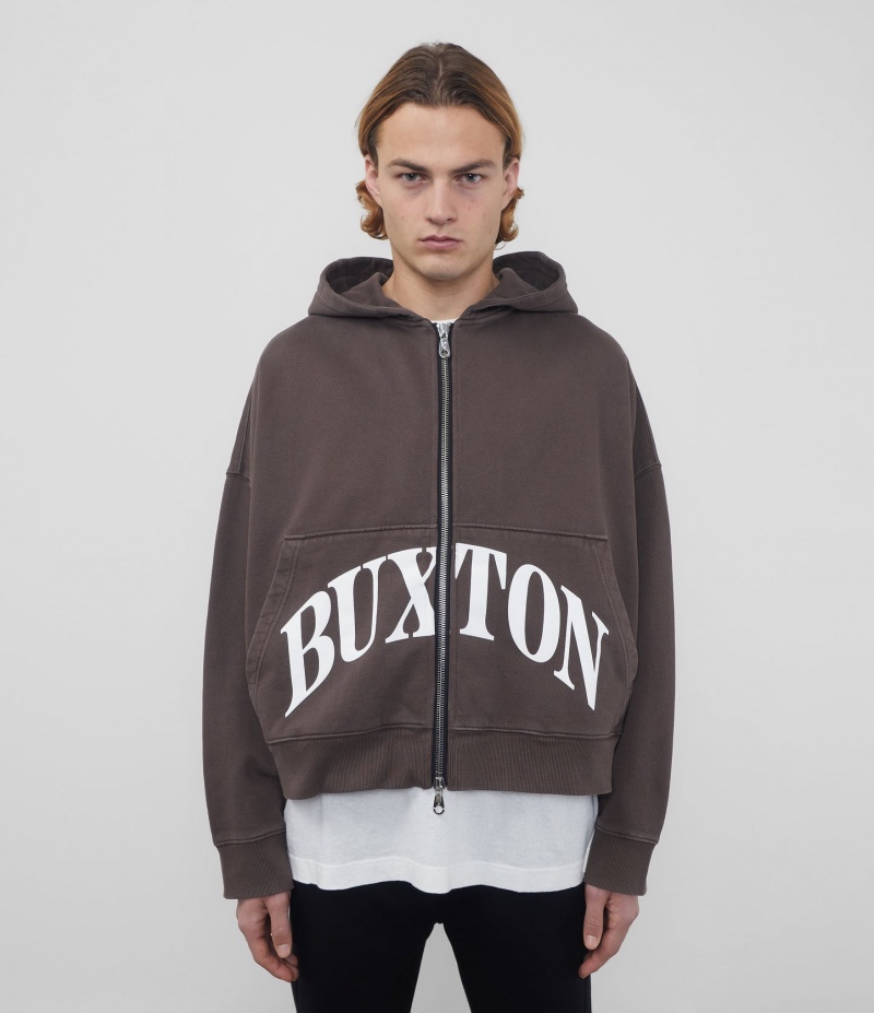 Men's Cole Buxton Heavyweight Cropped Logo Zip Hoodie Brown | 62843IAKF