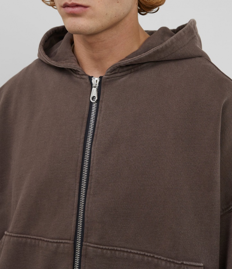 Men's Cole Buxton Warm Up Cropped Zipped Hoodie Brown | 04528QBAP